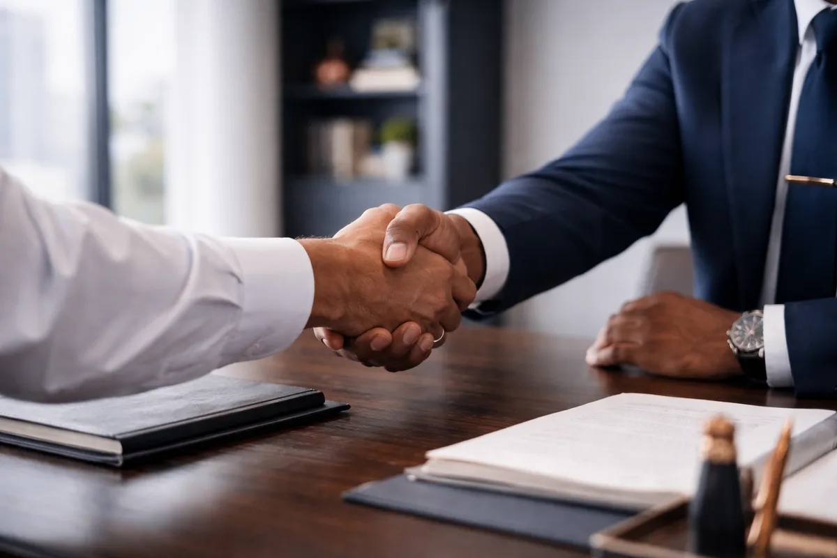 Two professionals shaking hands across an office desk